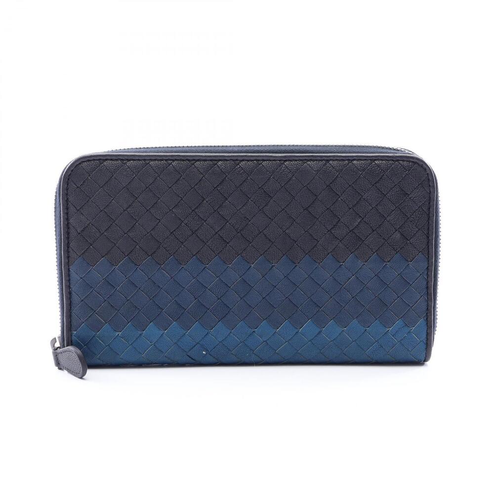 Bottega Veneta Intrecciato Round Long Wallet Leather Navy Black Blue
